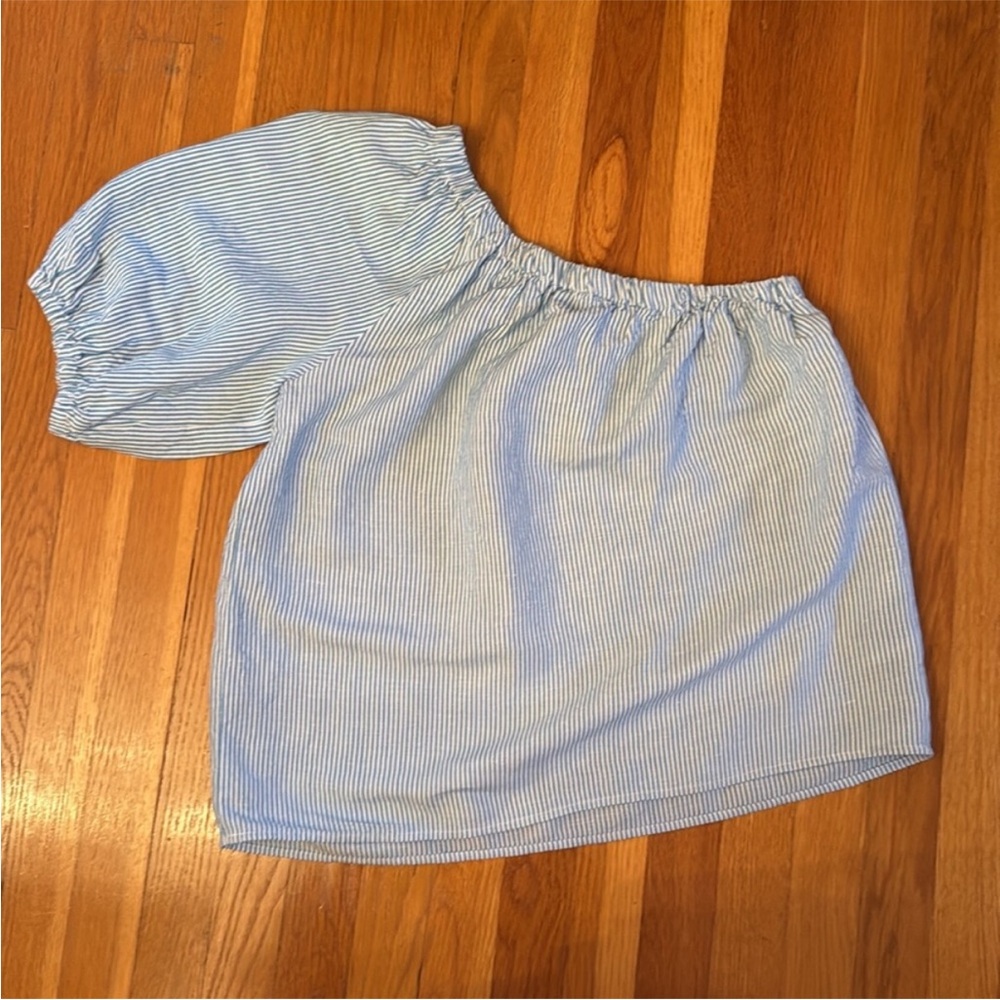 LOFT Blue & White Striped One Shoulder Blouse Size M Puff Sleeve Linen Summer - Picture 3 of 3
